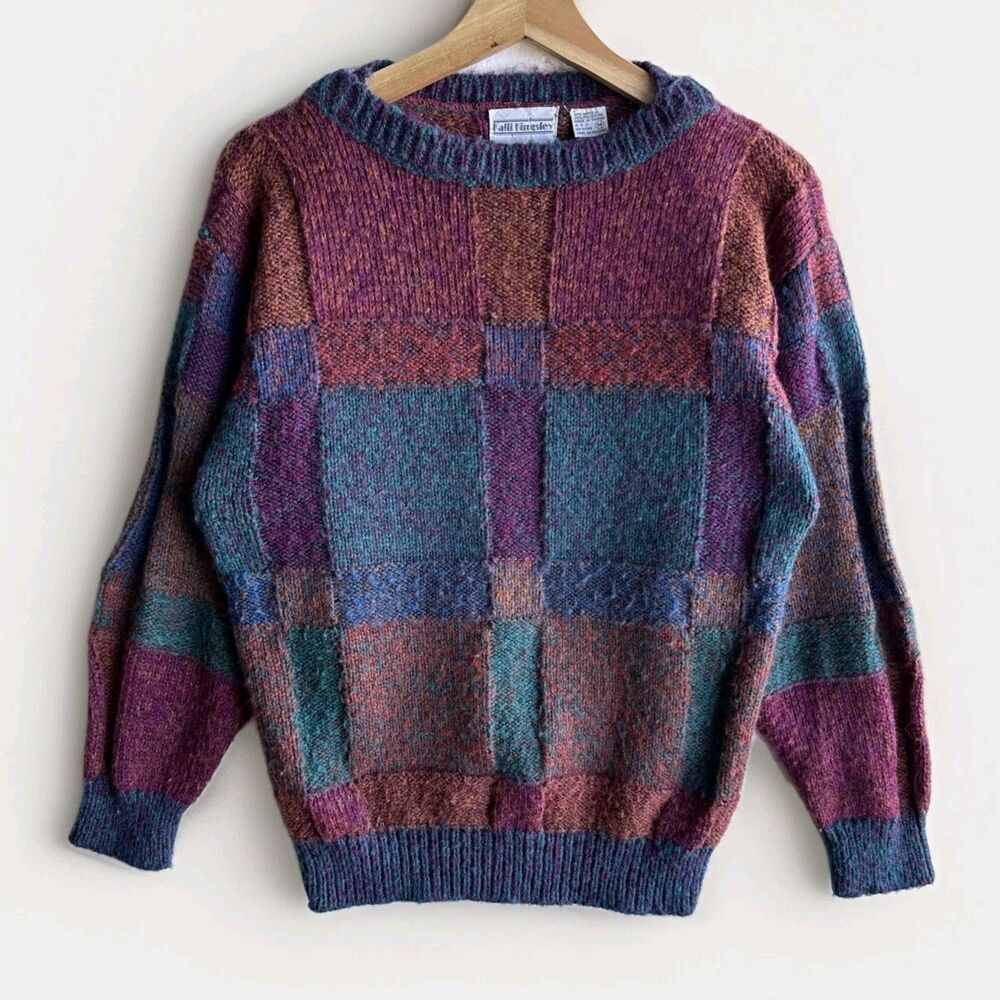 Vintage Kalli Kingsley Fuzzy Colorful Patchwork Knit Sweater Women's Size Medium